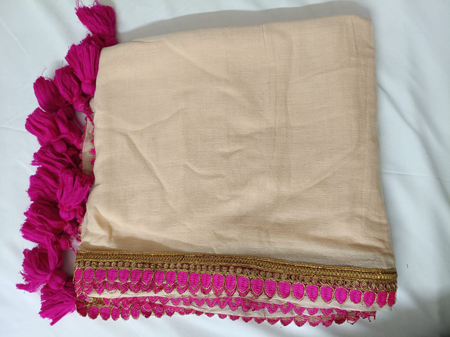 Biege Pink Lace Border Mul Mul Cotton Saree  By Ethnic Dori