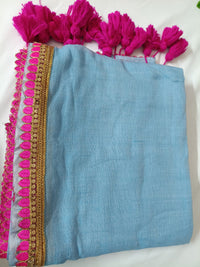 Aqua Grace Pink Lace Border Mul Mul Cotton Saree  By Ethnic Dori