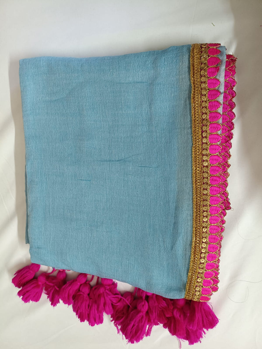 Aqua Grace Pink Lace Border Mul Mul Cotton Saree  By Ethnic Dori