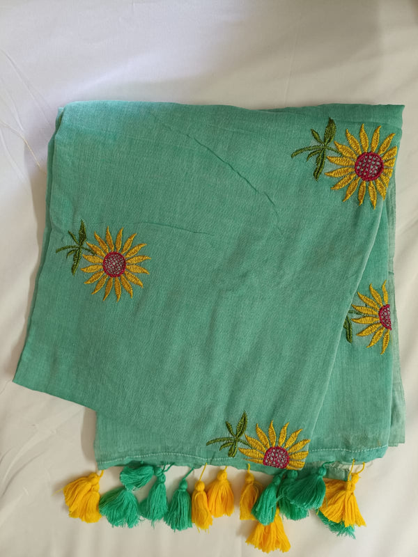 Mint Green Sunflower Charm Mul Mul Cotton Saree  By Ethnic Dori