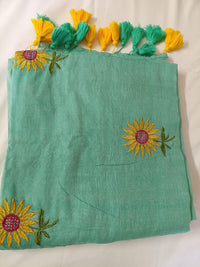 Mint Green Sunflower Charm Mul Mul Cotton Saree  By Ethnic Dori