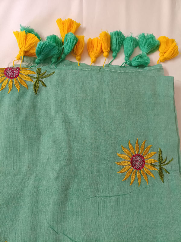 Mint Green Sunflower Charm Mul Mul Cotton Saree  By Ethnic Dori