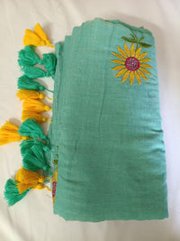 Mint Green Sunflower Charm Mul Mul Cotton Saree  By Ethnic Dori