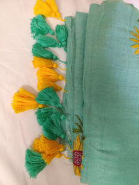 Mint Green Sunflower Charm Mul Mul Cotton Saree  By Ethnic Dori