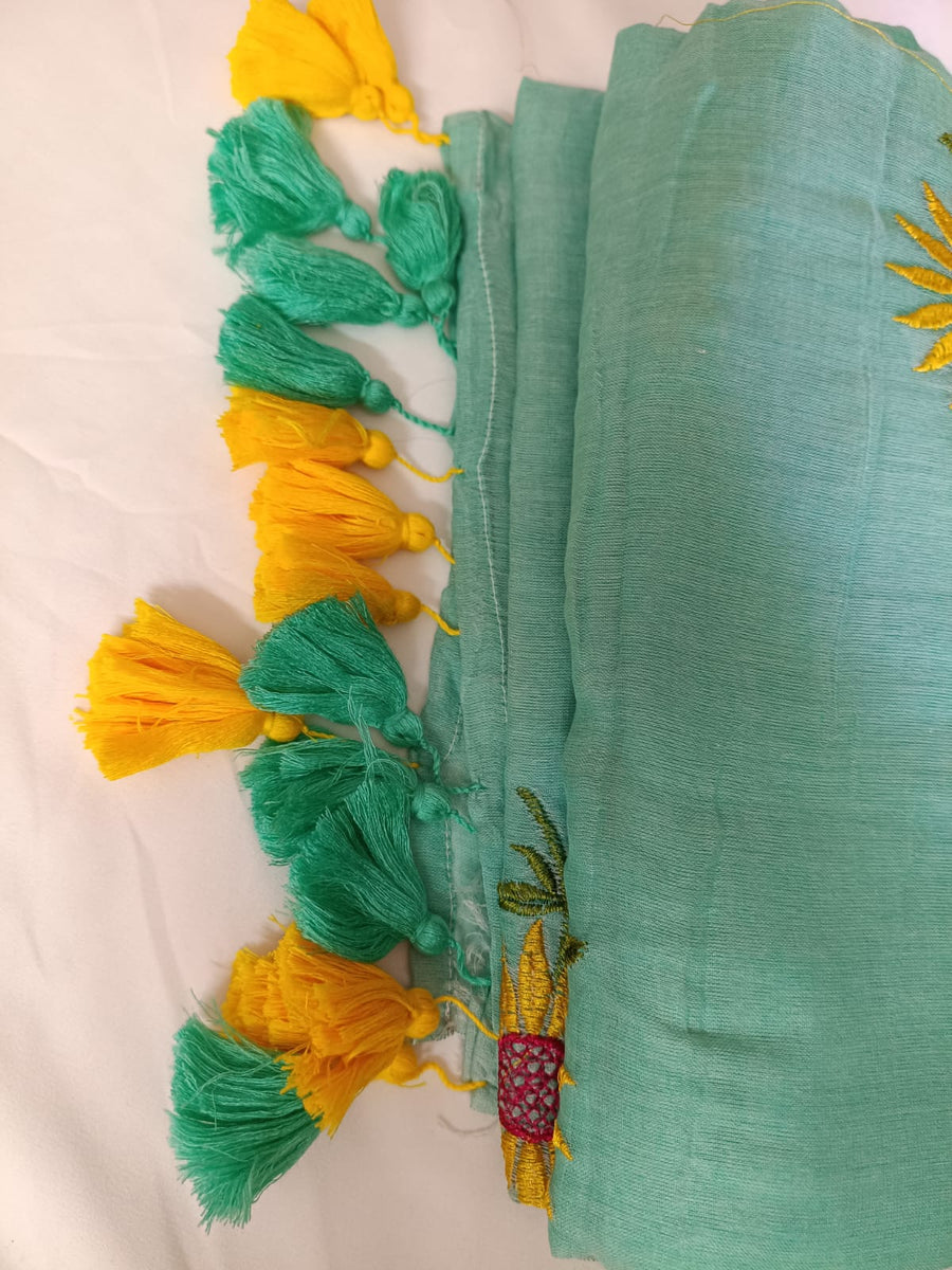 Mint Green Sunflower Charm Mul Mul Cotton Saree  By Ethnic Dori