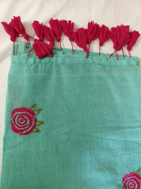Green Gulab Mul Mul Cotton Saree with Tassels  By Ethnic Dori