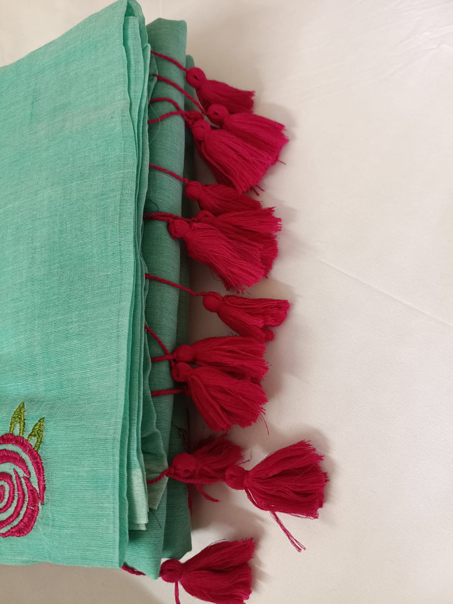 Green Gulab Mul Mul Cotton Saree with Tassels  By Ethnic Dori