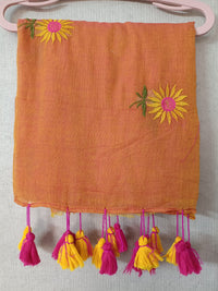 Brown Sunflower Mul Mul Cotton Saree with Tassels  By Ethnic Dori
