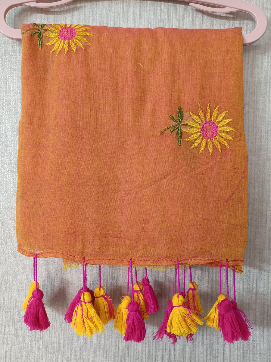 Brown Sunflower Mul Mul Cotton Saree with Tassels  By Ethnic Dori