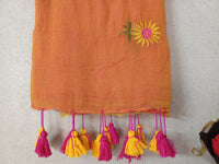 Brown Sunflower Mul Mul Cotton Saree with Tassels  By Ethnic Dori
