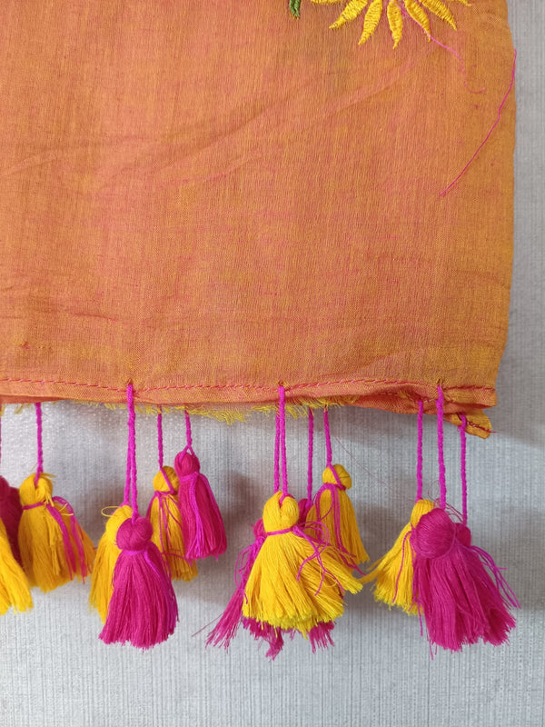 Brown Sunflower Mul Mul Cotton Saree with Tassels  By Ethnic Dori