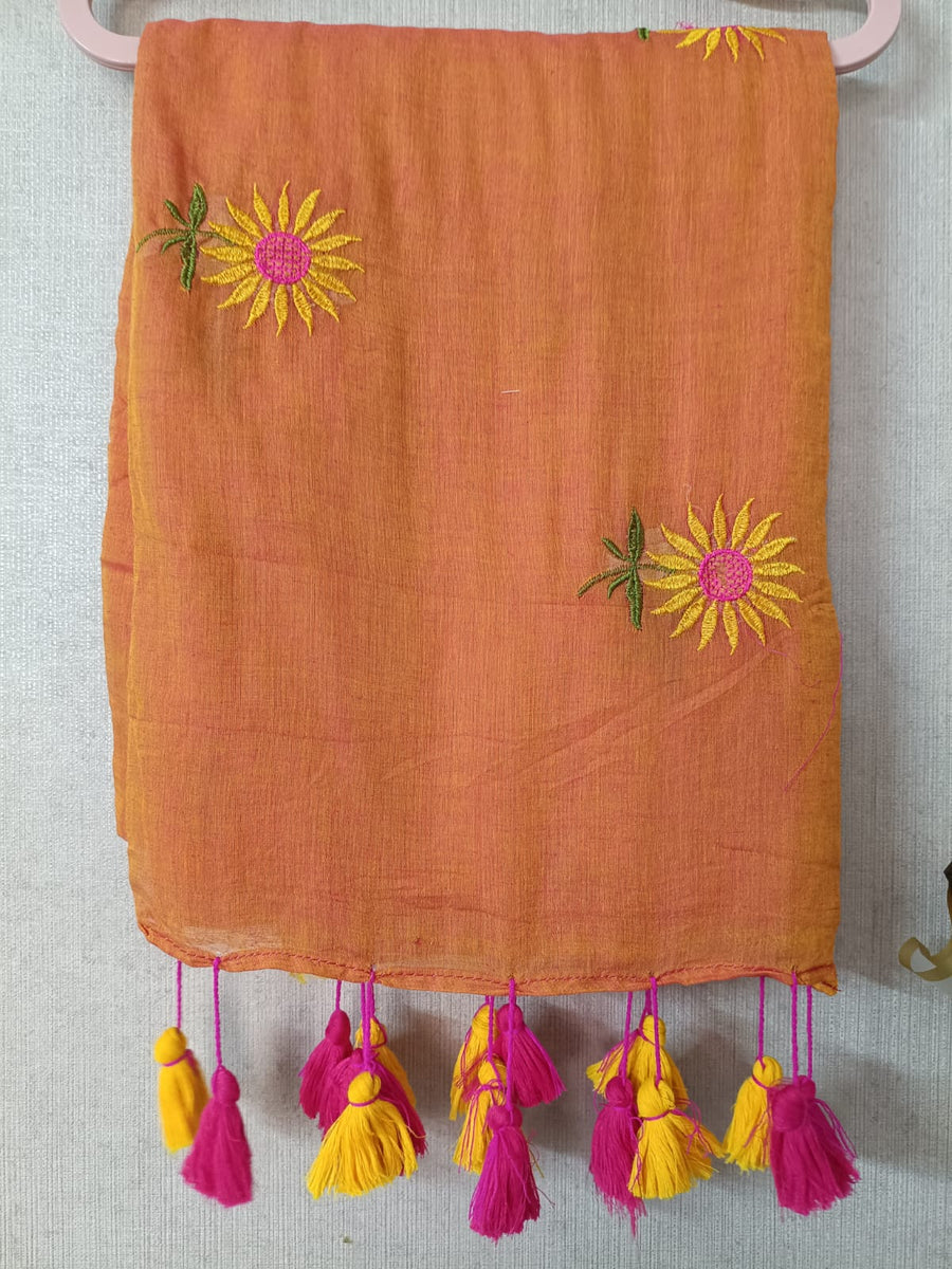 Brown Sunflower Mul Mul Cotton Saree with Tassels  By Ethnic Dori