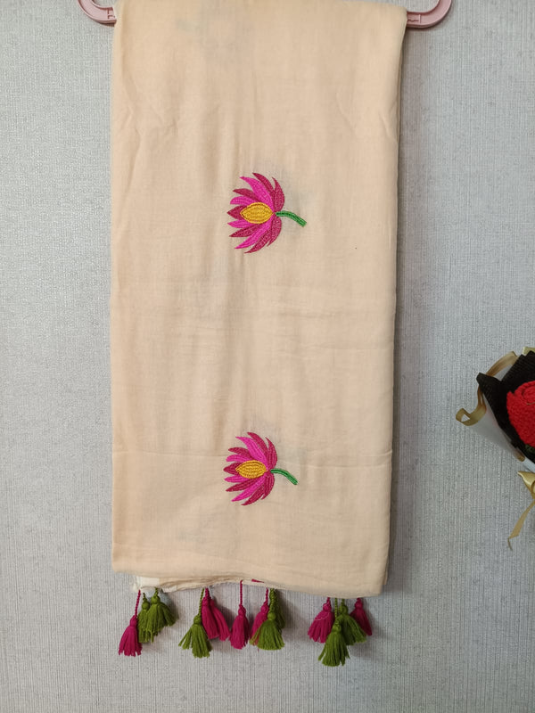 Biege Gulab Mul Mul Cotton Saree with Tassels  By Ethnic Dori