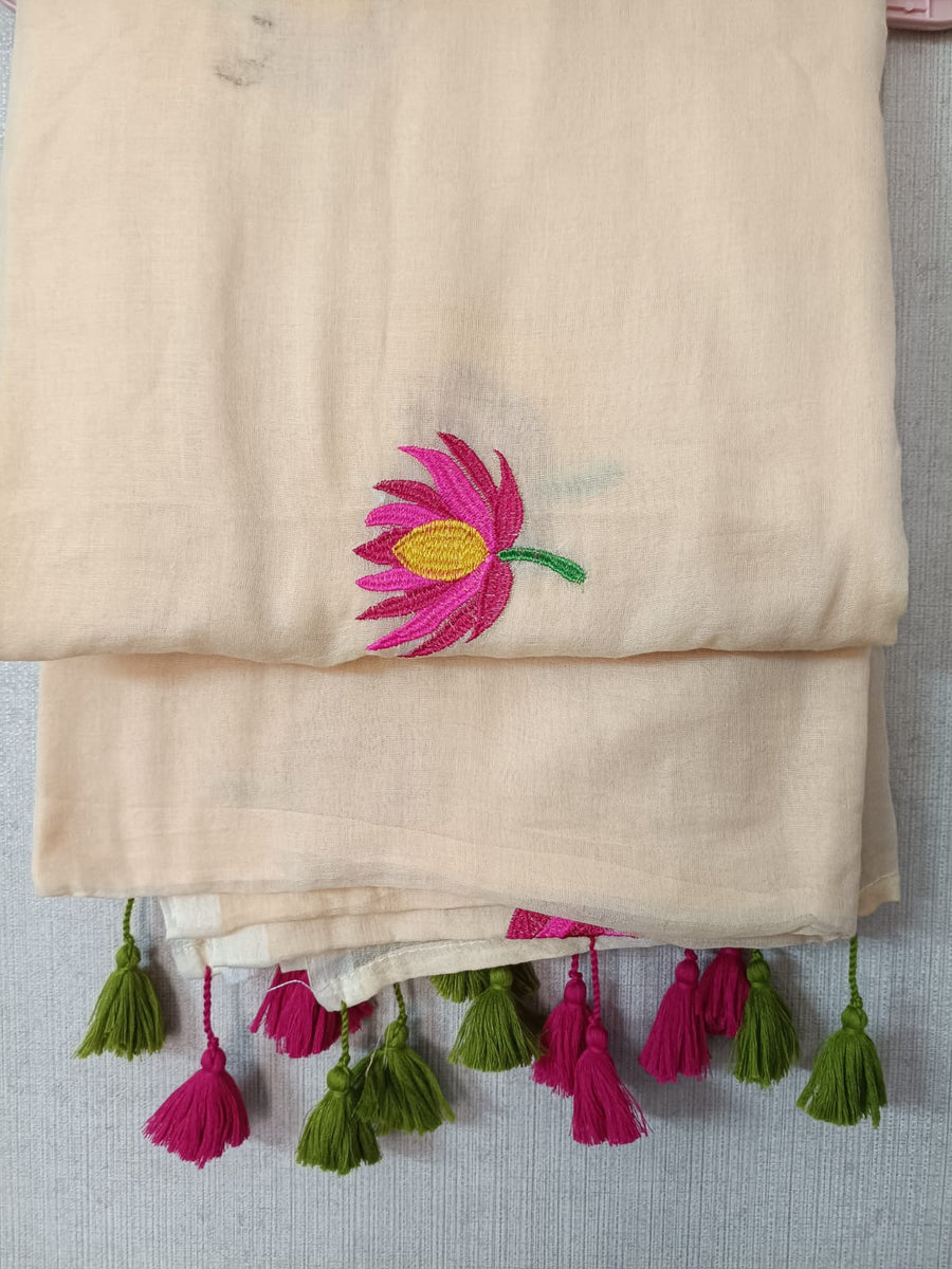 Biege Gulab Mul Mul Cotton Saree with Tassels  By Ethnic Dori