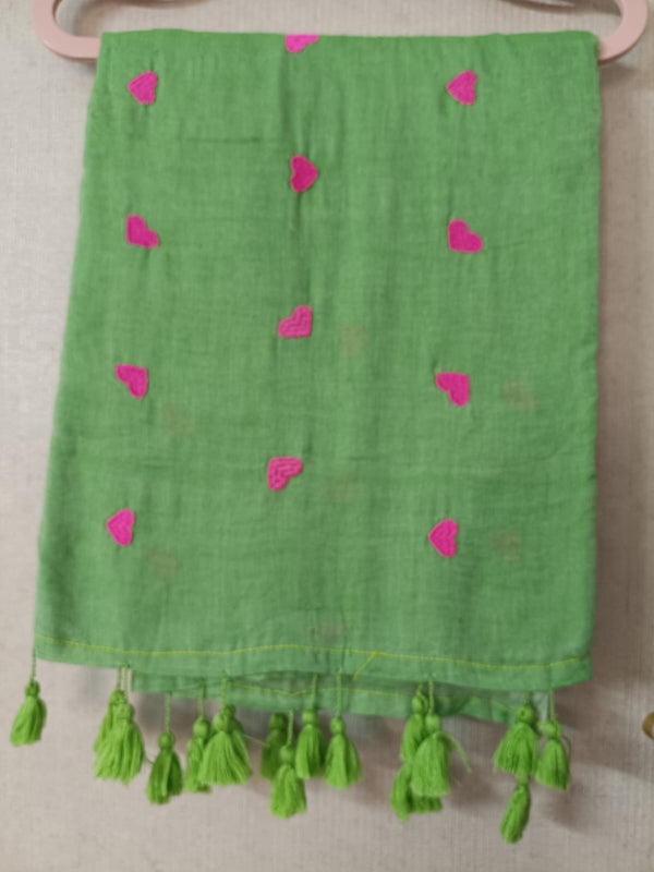 Green Love Mul Mul Cotton Saree with Tassels By Ethnic Dori
