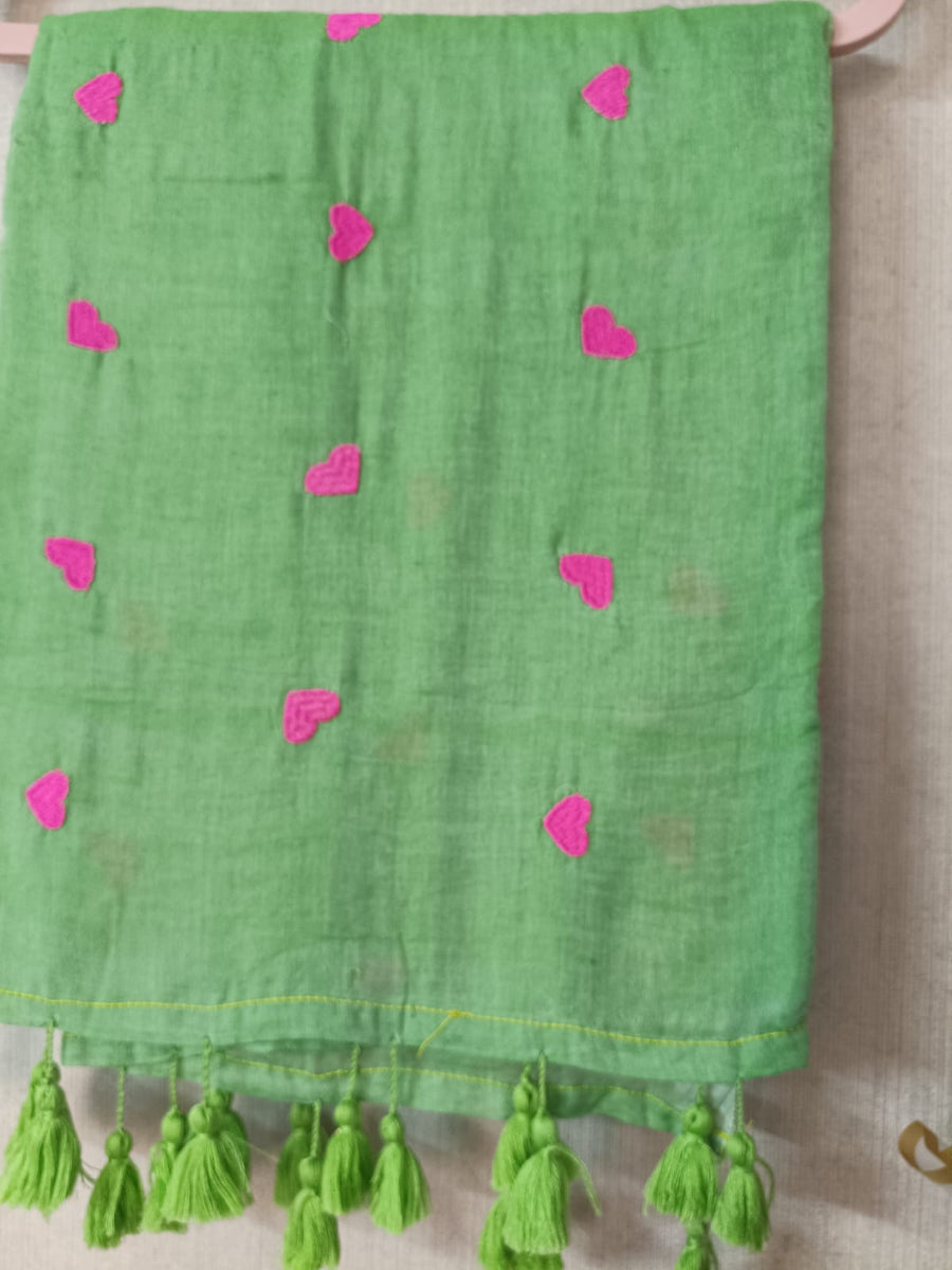 Green Love Mul Mul Cotton Saree with Tassels By Ethnic Dori