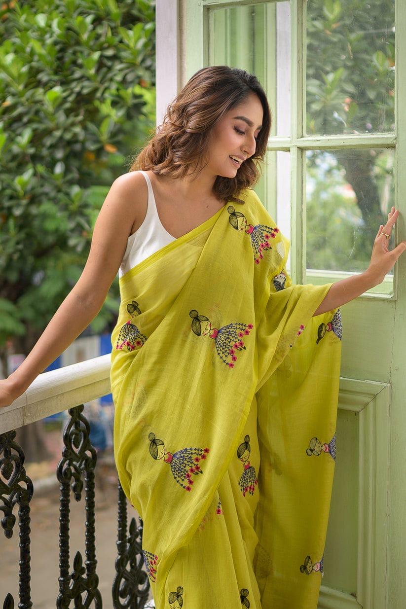 Mint Green & Pink Mul Mul Cotton Sarees with Doll Embroidery