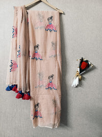 Peach mul mul cotton sarees with doll embroidery