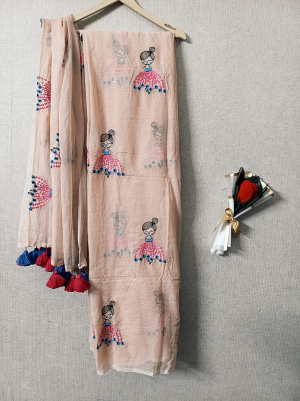 Peach mul mul cotton sarees with doll embroidery