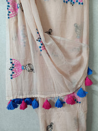 Peach mul mul cotton sarees with doll embroidery