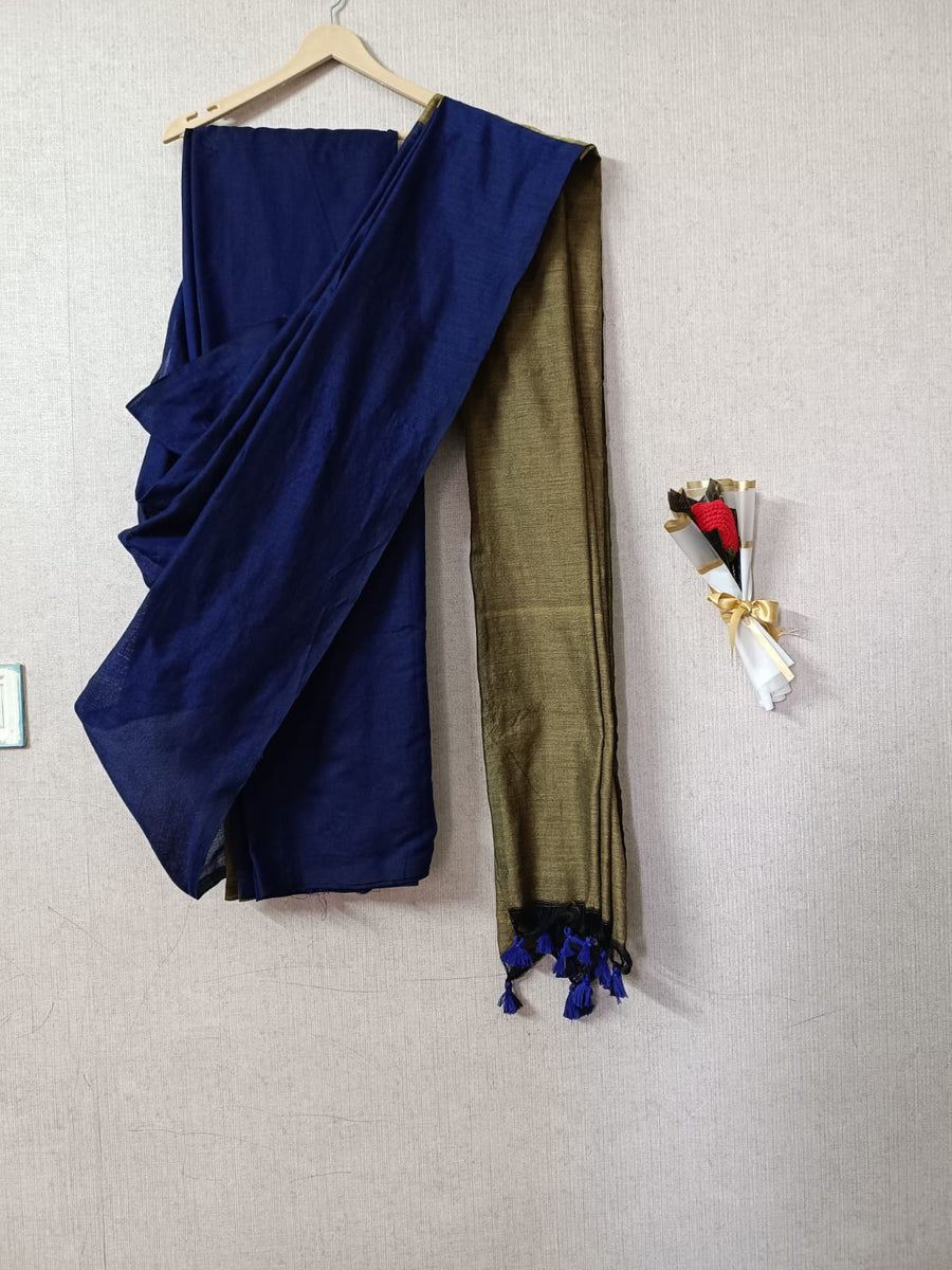 Double Color Khadi Cotton Navy Blue & Golden Saree