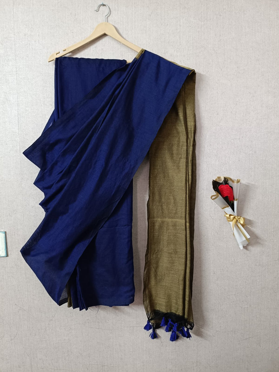 Double Color Khadi Cotton Navy Blue & Golden Saree