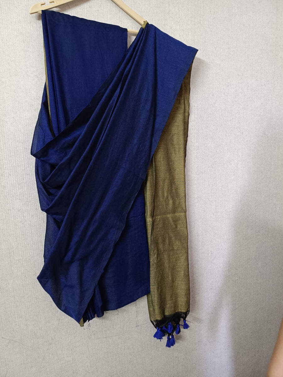 Double Color Khadi Cotton Navy Blue & Golden Saree