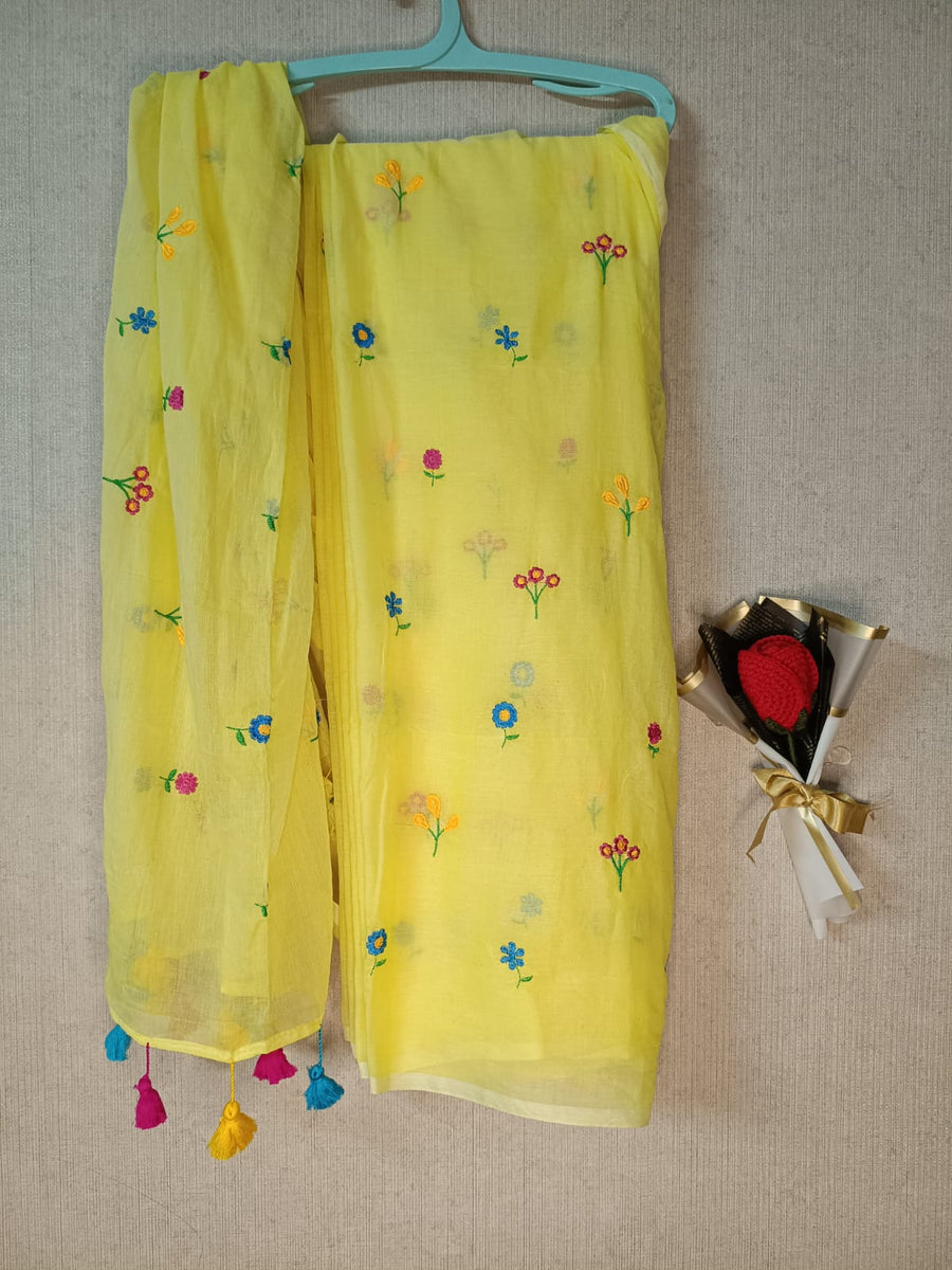 Yellow mul mul cotton sarees with multi color embroidery