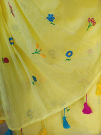 Yellow mul mul cotton sarees with multi color embroidery