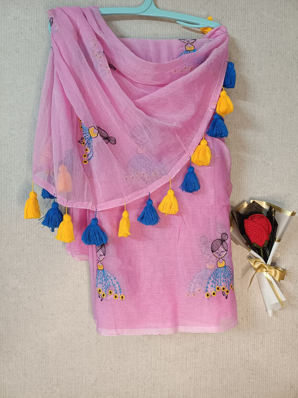 Pink Mul Mul Cotton Sarees with Doll Embroidery