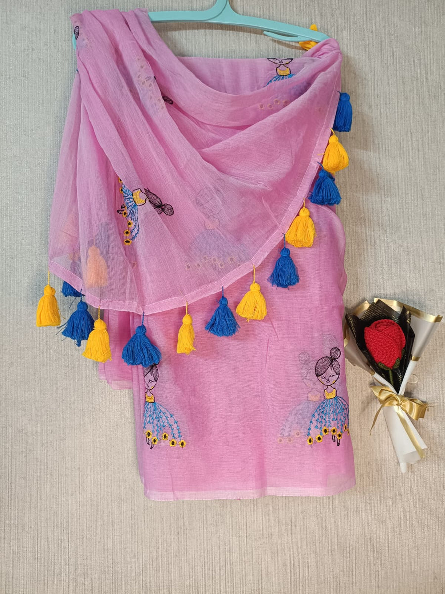 Pink Mul Mul Cotton Sarees with Doll Embroidery