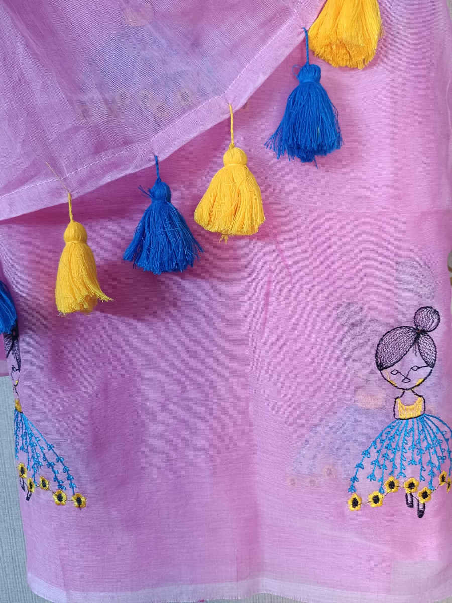 Pink Mul Mul Cotton Sarees with Doll Embroidery
