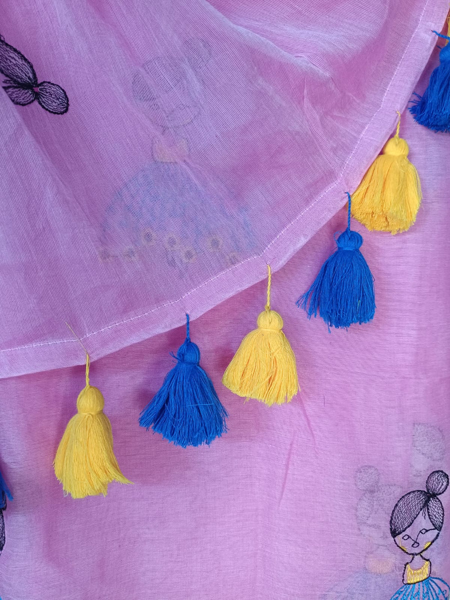 Pink Mul Mul Cotton Sarees with Doll Embroidery