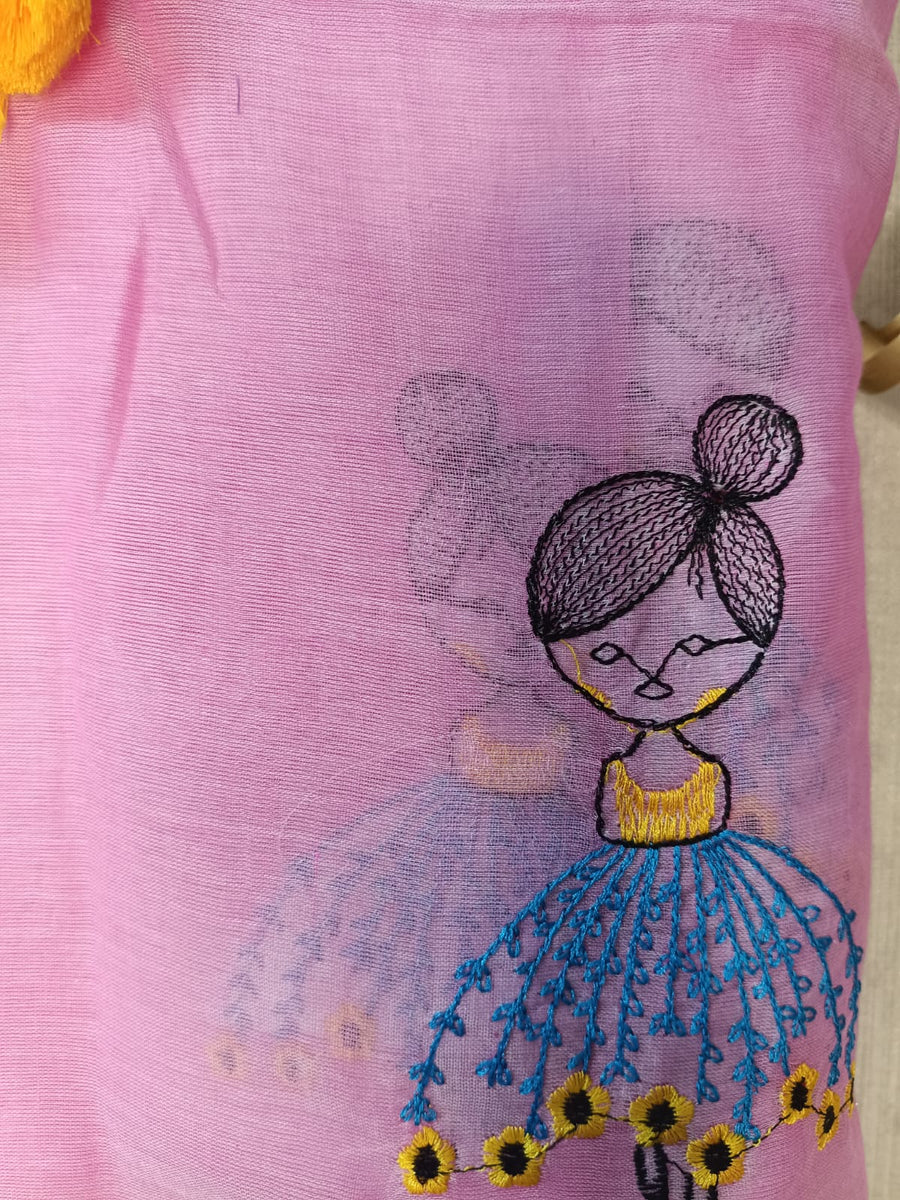 Pink Mul Mul Cotton Sarees with Doll Embroidery
