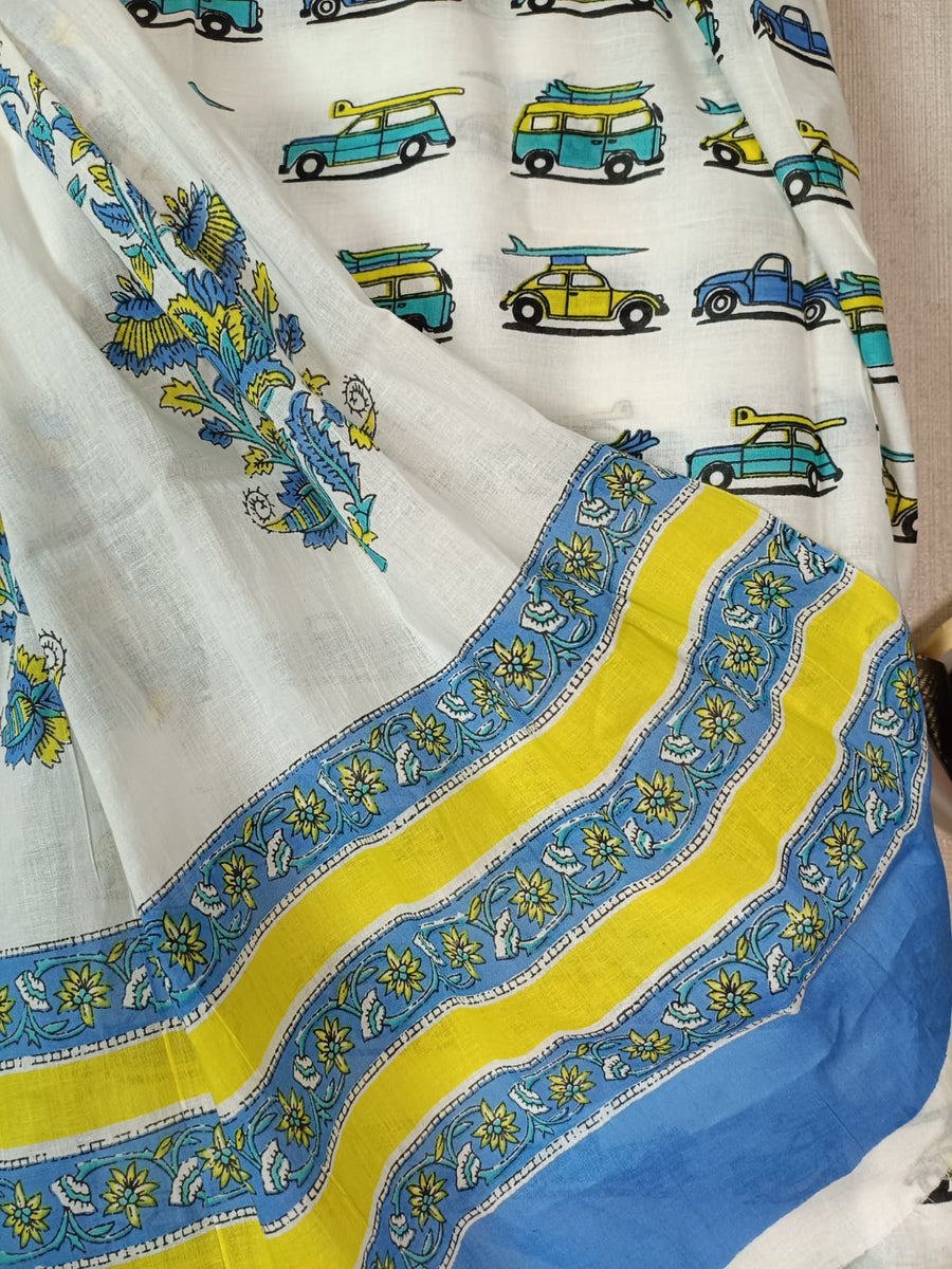 White & Blue Tanya Mittal Inspired Quirky Cotton Sarees