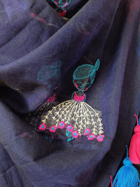 Navy Blue Mul Mul Cotton Sarees with Doll Embroidery