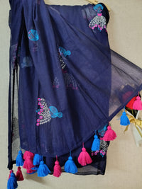 Navy Blue Mul Mul Cotton Sarees with Doll Embroidery