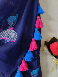 Navy Blue Mul Mul Cotton Sarees with Doll Embroidery