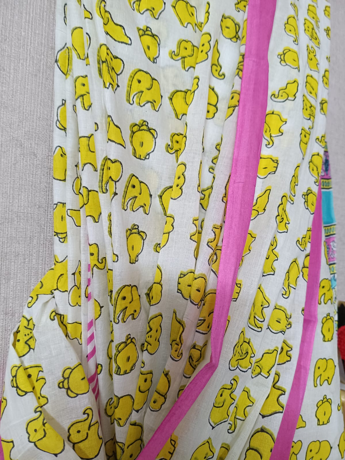 Playful Yellow Elephant Print Quirky Cotton Saree with Pink Border By Ethnic Dori