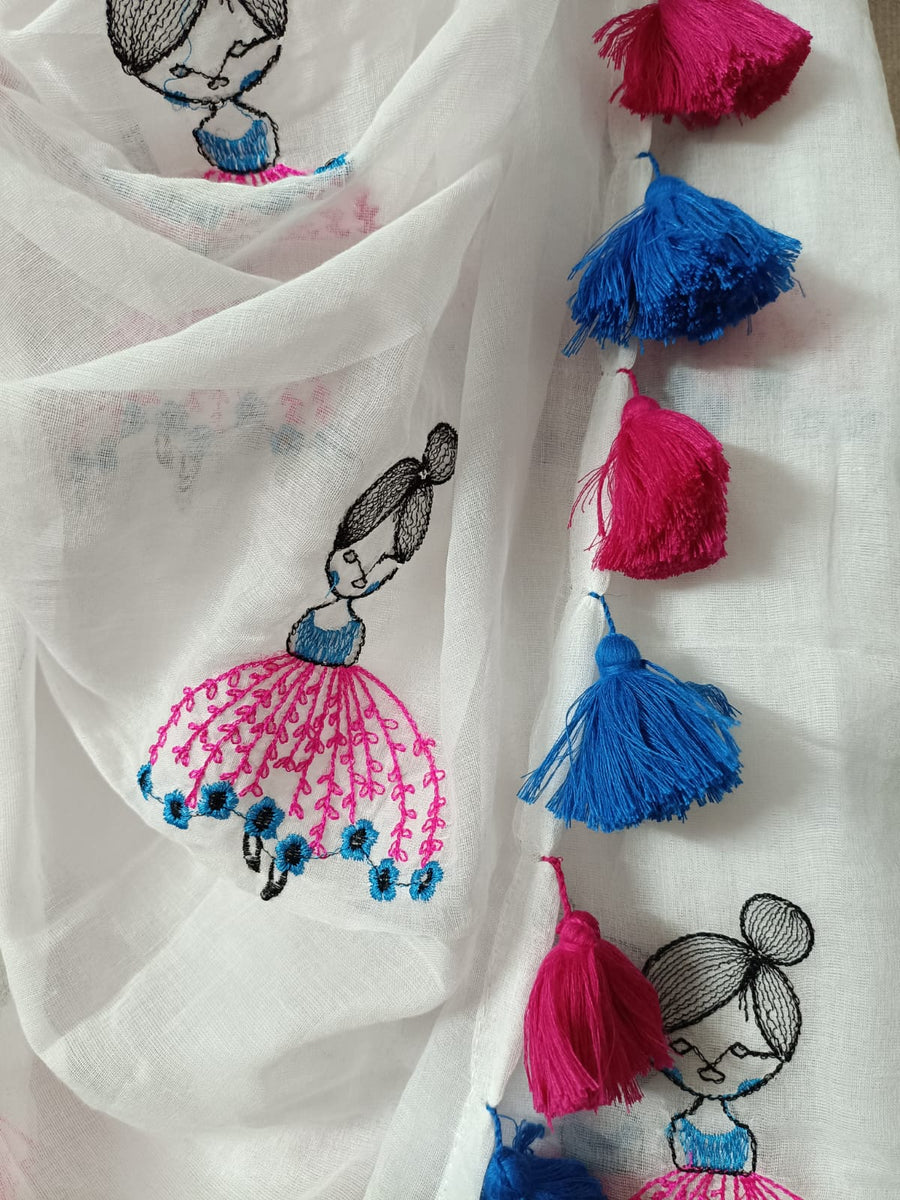 White Mul Mul Cotton Sarees with Doll Embroidery