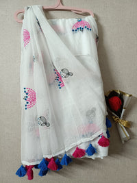 White Mul Mul Cotton Sarees with Doll Embroidery