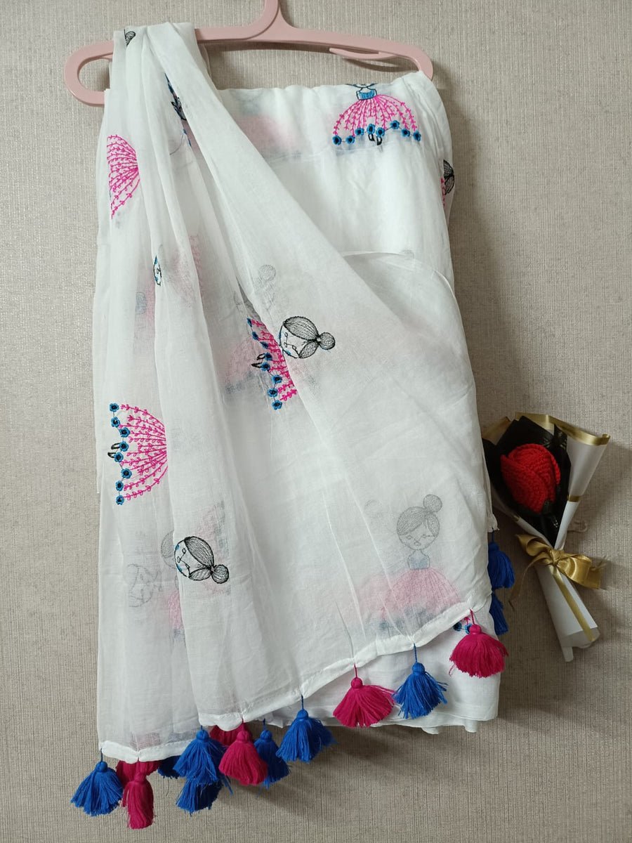 White Mul Mul Cotton Sarees with Doll Embroidery