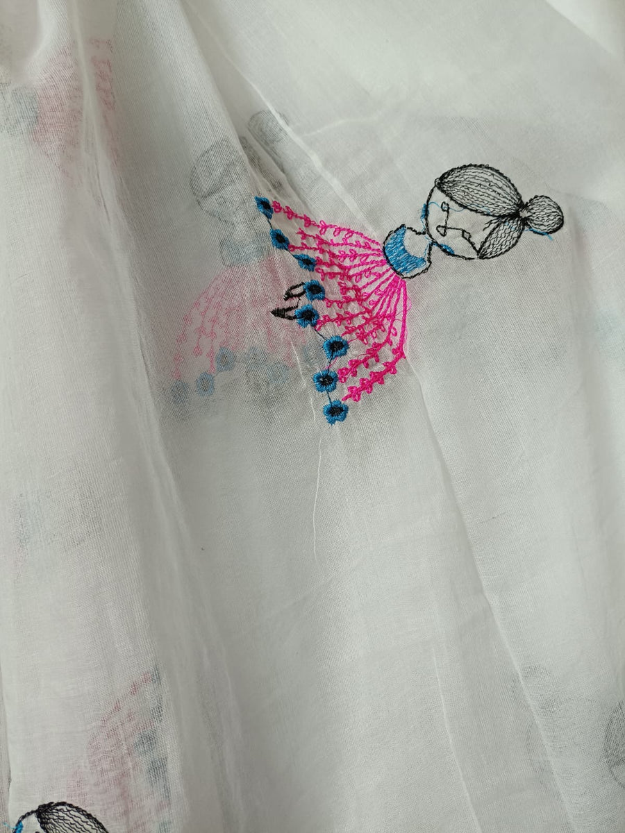 White Mul Mul Cotton Sarees with Doll Embroidery