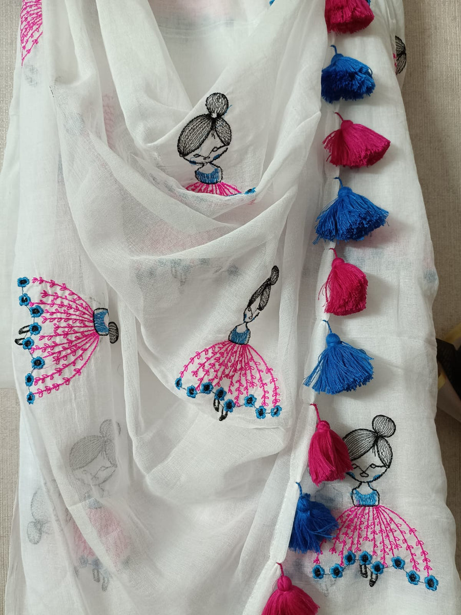 White Mul Mul Cotton Sarees with Doll Embroidery