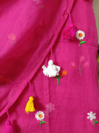 Pink Mul Mul Cotton Sarees with Multi Color Flower Embroidery