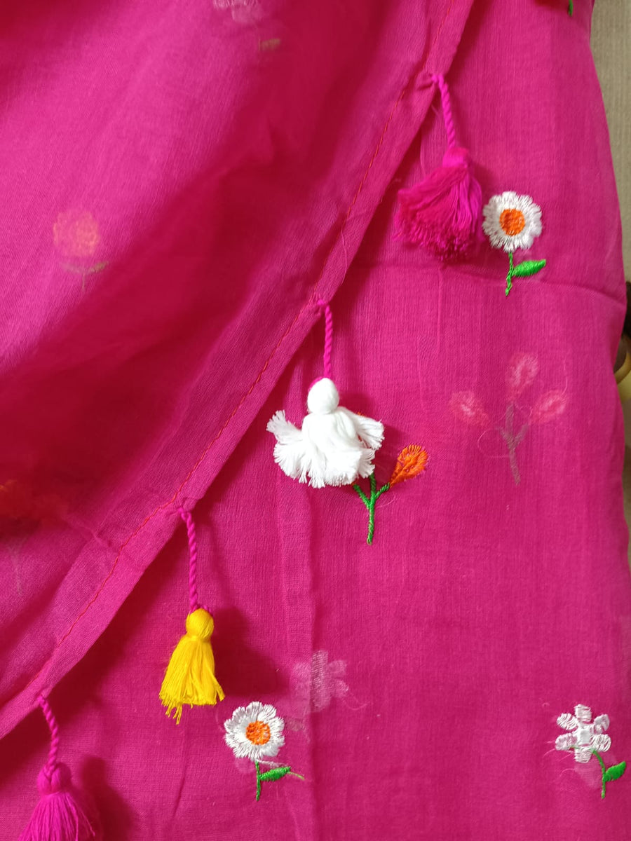 Pink Mul Mul Cotton Sarees with Multi Color Flower Embroidery