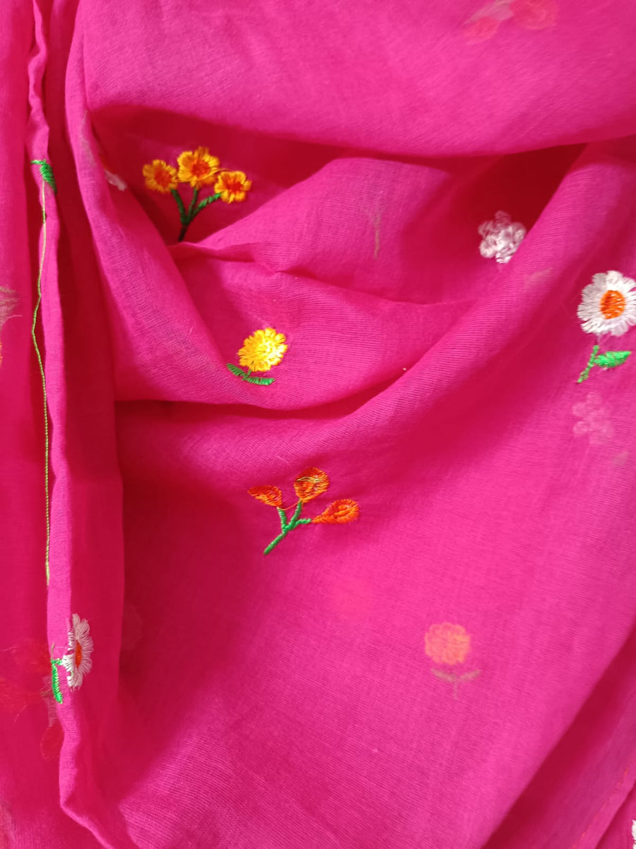 Pink Mul Mul Cotton Sarees with Multi Color Flower Embroidery