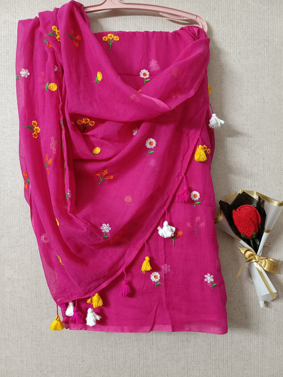 Pink Mul Mul Cotton Sarees with Multi Color Flower Embroidery