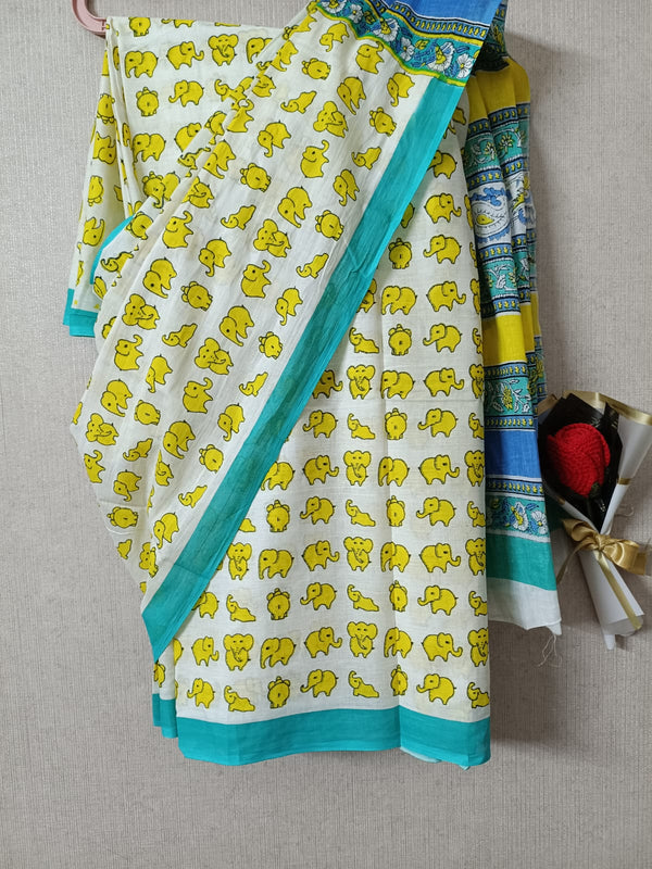 Yellow Jumbo Jingles Quirky Cotton Saree By Ethnic Dori
