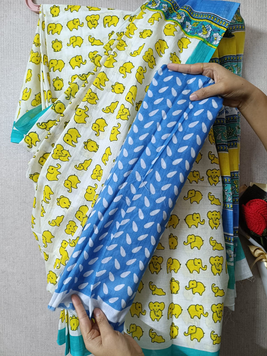 Yellow Jumbo Jingles Quirky Cotton Saree By Ethnic Dori